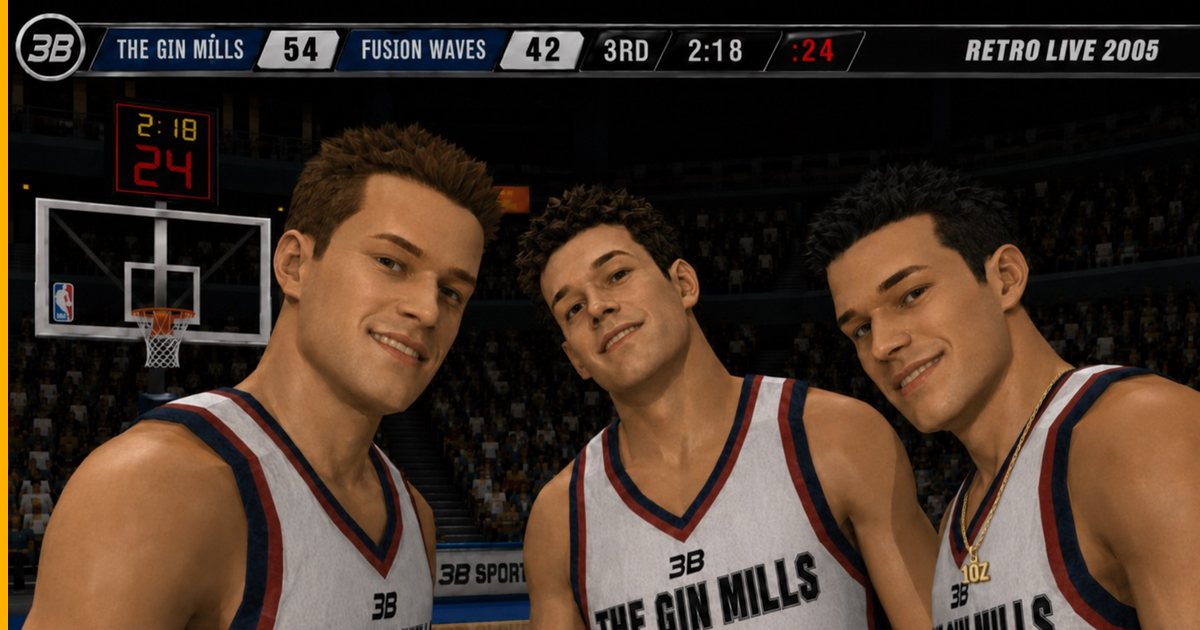 Three RetroLive founders rendered in NBA Live 2005 style in The Gin Mills jerseys, under a broadcast scoreboard reading Retro Live 2005